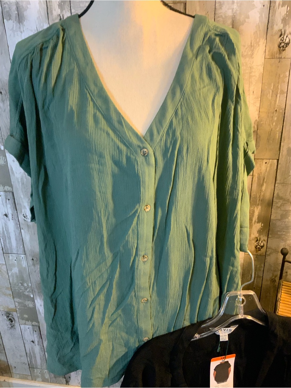 Orvis Set of Two Button-Front V-Neck Blouse in Sage and Black - Picture 2 of 6